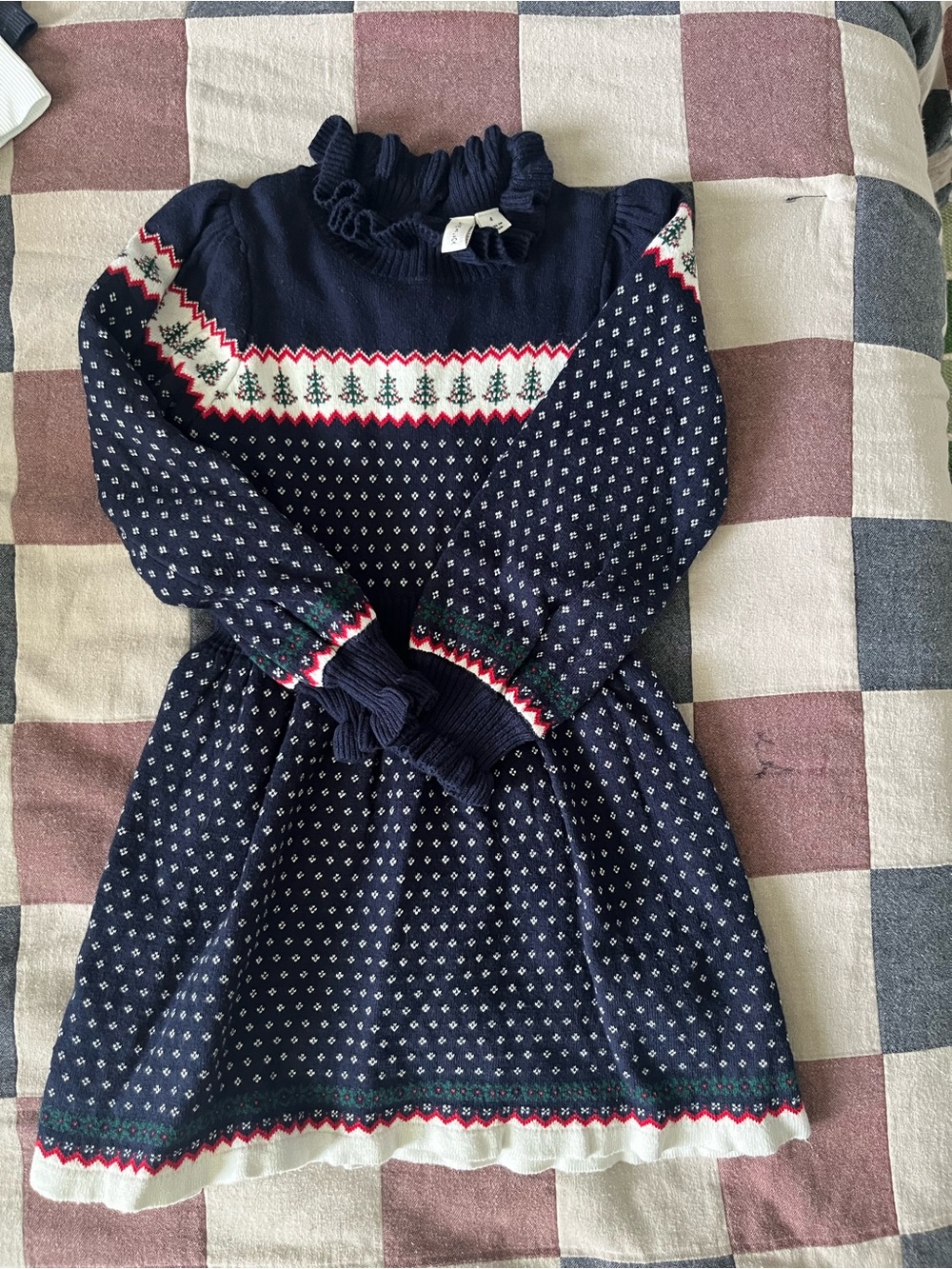Janie and Jack Navy Blue Knit Holiday Dress with Red, White, and Green Accents